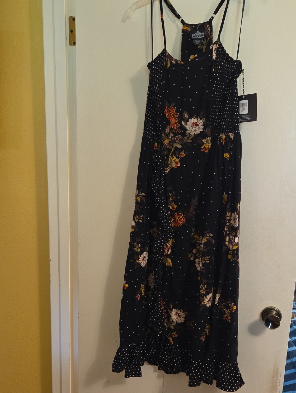Angie Black Floral With Polka Dots Midi Dress with Polka Dot Trim